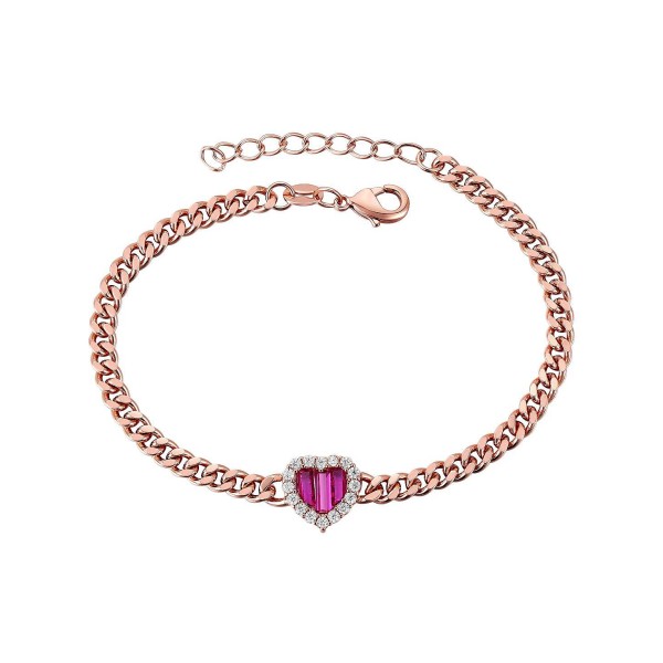 Sterling Silver 18K Rose Gold Plated with Ruby Heart & Cubic Zirconia Bracelet