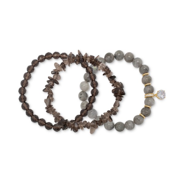 3-Pc. Set Labradorite, Smoky Quartz, & Cubic Zirconia Stretch Bracelets in 14k Gold-Plated Sterling Silver