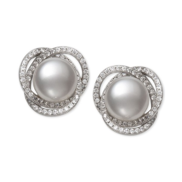 Cultured Freshwater Pearl (9mm) & Cubic Zirconia Spiral Stud Earrings