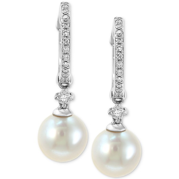 Cultured Freshwater Pearl (7mm) & Diamond (1/6 ct.) Hoop Drop Earrings in 14k White Gold