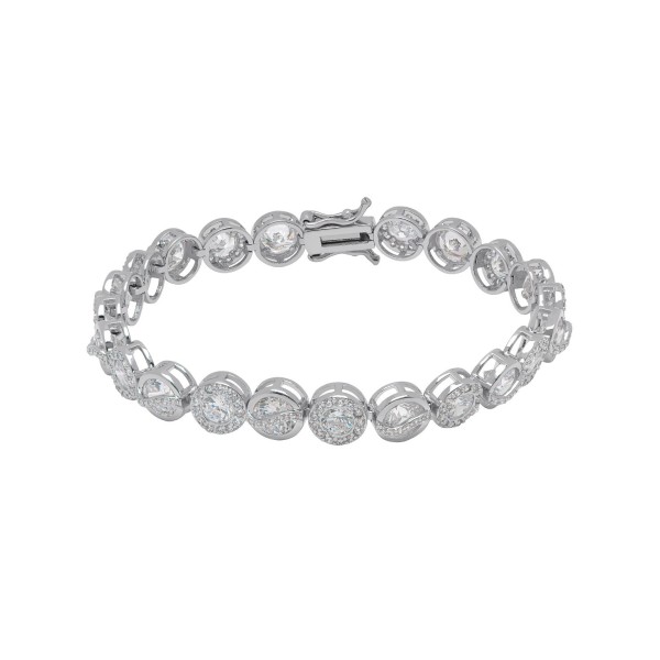 Fine Silver Plated Cubic Zirconia Round Halo and Bezel Link Bracelet