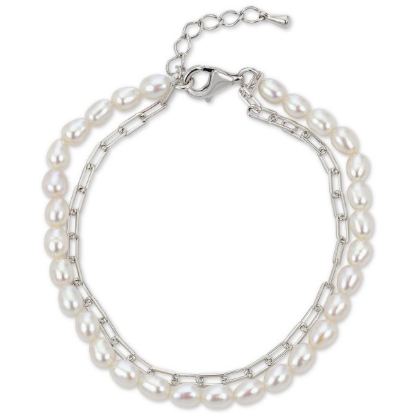 Cultured Freshwater Pearl (4-4-1/2mm) & Paperclip Chain Double Bracelet