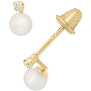 Children's Cultured Freshwater Pearl (4mm) & Diamond Accent Stud Earrings in 14k Gold Children's Cultured ...