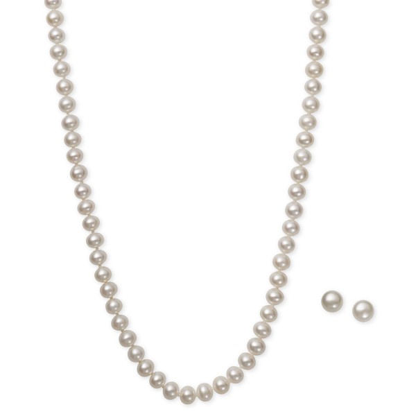 White Cultured Freshwater Pearl (6mm) Necklace and Matching Stud (7-1/2mm) Earrings Set