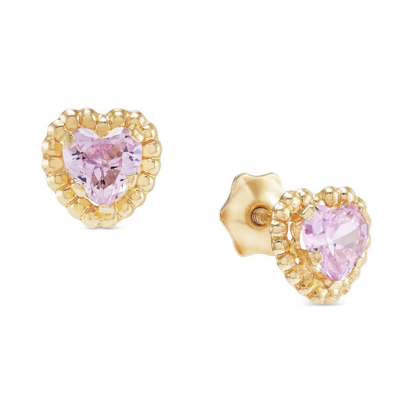 Children's Pink Zirconia Heart Screw Back Stud Earrings in 14k Gold