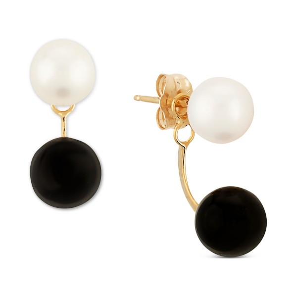 Cultured Freshwater Pearl (5-1/4mm) & Onyx Front and Back Earrings