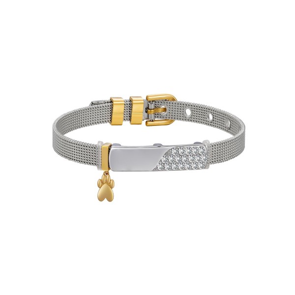 14K Gold Flash-Plated Crystal Paw Charm, Stainless Steel Bracelet