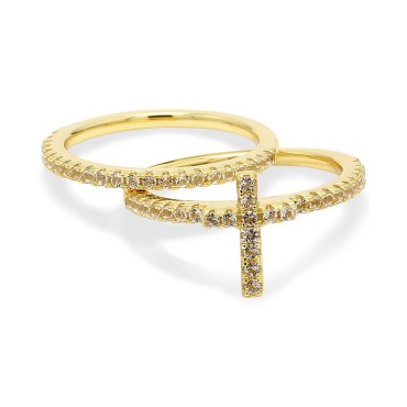 2-Pc. Set White Topaz Cross Ring & Band (1/4 ct.) in 14k Gold-Plated Sterling Silver 2-Pc. Set White Topa...