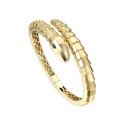 14k Gold Plated with Emerald Cubic Zirconia Textured Coiled Serpent Bypass Bangle Bracelet