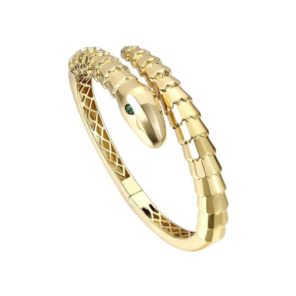 14k Gold Plated with Emerald Cubic Zirconia Textured Coiled Serpent Bypass Bangle Bracelet