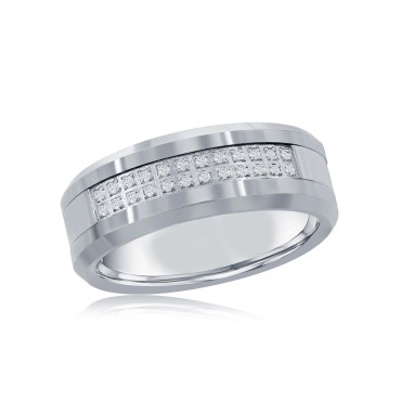 Brushed and Polished Double Row Silver Tungsten Ring Brushed and Polished...