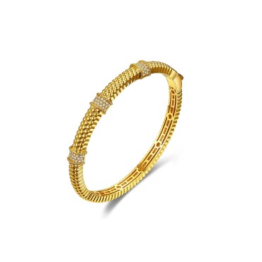 14k Gold Plated with Cubic Zirconia 3D Textured Bangle Bracelet 14k Gold Plated with...