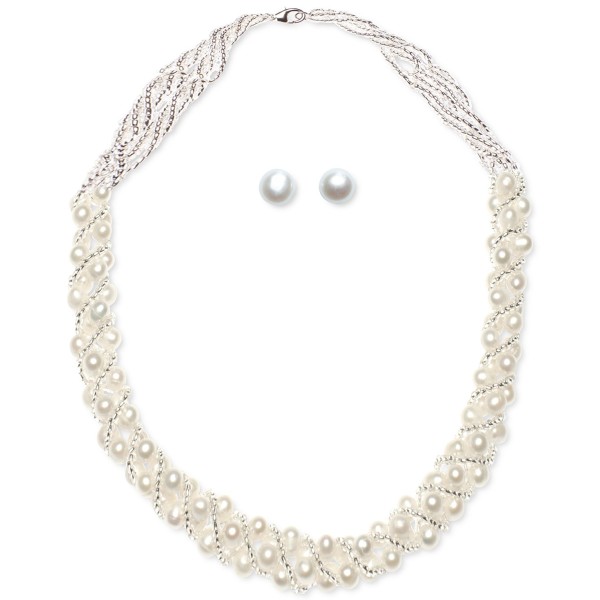 Cultured Freshwater Pearl Woven Necklace (4mm) & Stud Earrings (6mm) Set