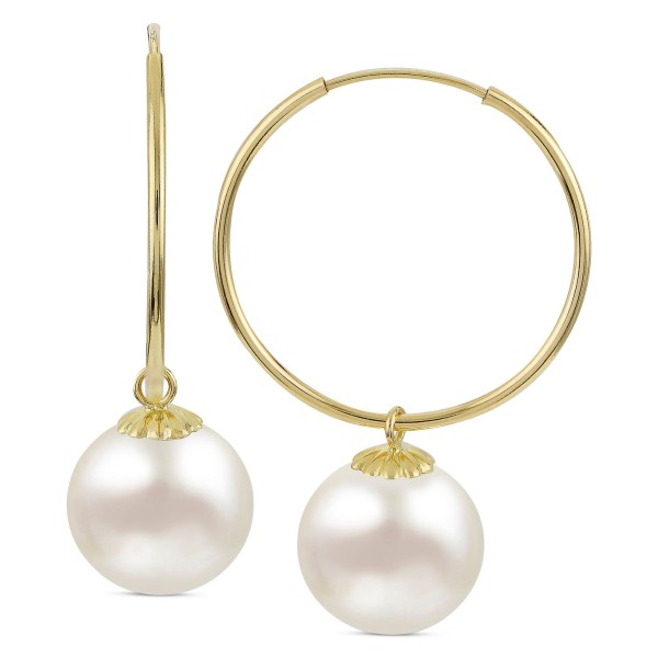 Cultured Freshwater Pearl (10mm) Dangle Hoop Earrings in 14k Gold